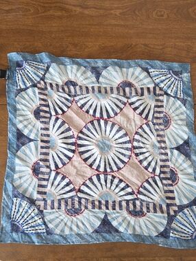Vismaya Blue, Navy & Cream Geometric Cotton Embroidered Scarf